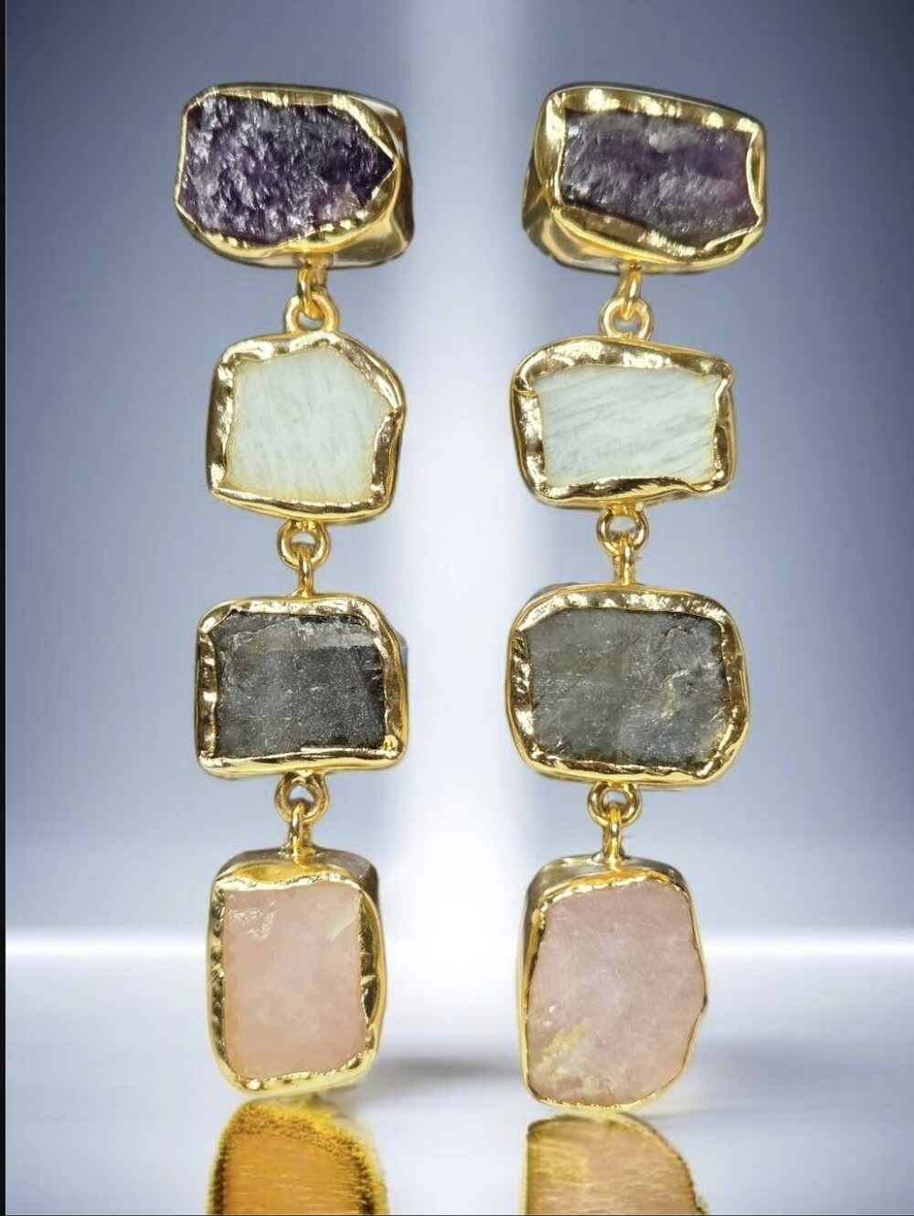 18k Gold Artisan Natural Raw Stone Amethyst Labradorite Amazonite Rose Earrings